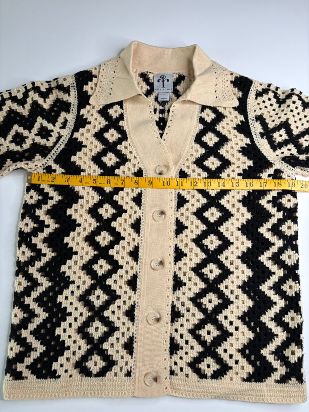 Rain + Rose Crochet Button Up Top – Black & Cream – Size Small – Textured Knit - Picture 8 of 12